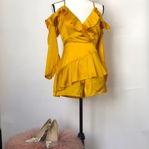 Misguided Ruffled Satin Romper | Gold | size 0